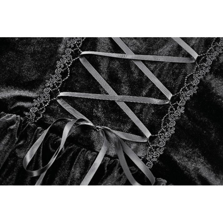 Complete flat lay of the Dark in Love Nocturne goth dress, featuring the luxe fabric and intricate lace details for vintage appeal.