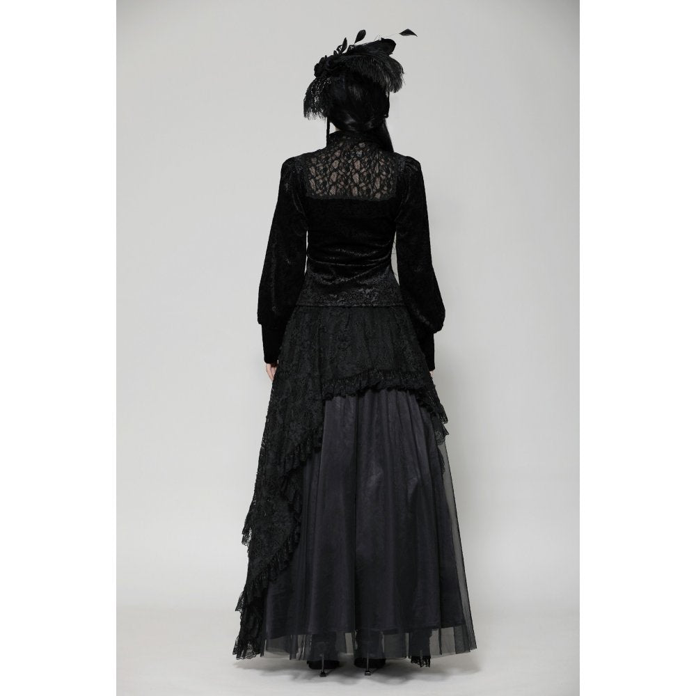 Full view of the Dark In Love Cyra Gothic Jacquard Velvet Top with turtle neck and dramatic long cuffs, epitomising sophistication in gothic fashion.