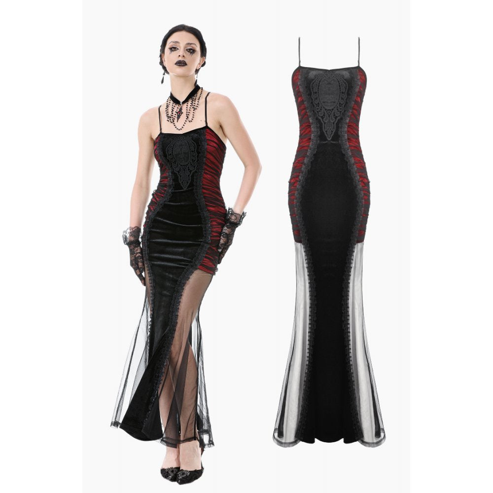 Luxury Lilith Red & Black Gothic Gown showcased on a model, featuring intricate lace appliqués and sheer mesh panels for an elegant hourglass silhouette.