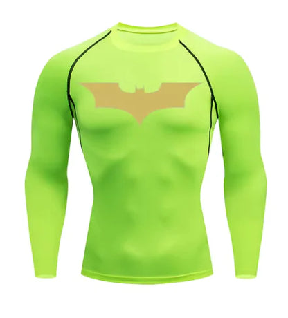 Men's long sleeve compression shirt in vibrant lime green featuring Batman logo, with UV sun protection and premium comfort.