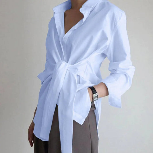 Chic Long Sleeve Ruched Tie Front Blouse for Women by Dazzling Dreams Studio, beautifully presented in light blue, ideal for elegant office wear.