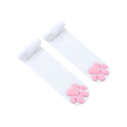 Playful Lolita 3D Cat Claw Sexy Compression Stockings for Women, in pristine white with charming pink cat paw detailing, offering a sophisticated and whimsical style.