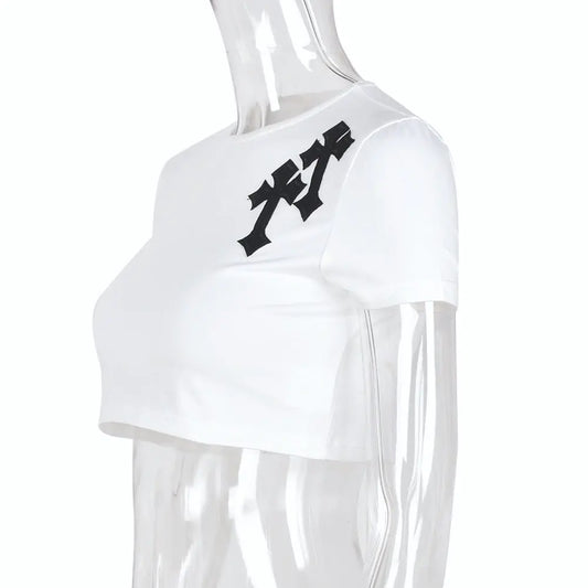 Side view of Women's Bless Up Embroidered Crop Tee showcasing its elegant slim fit and stylish embroidery, crafted for luxurious comfort.