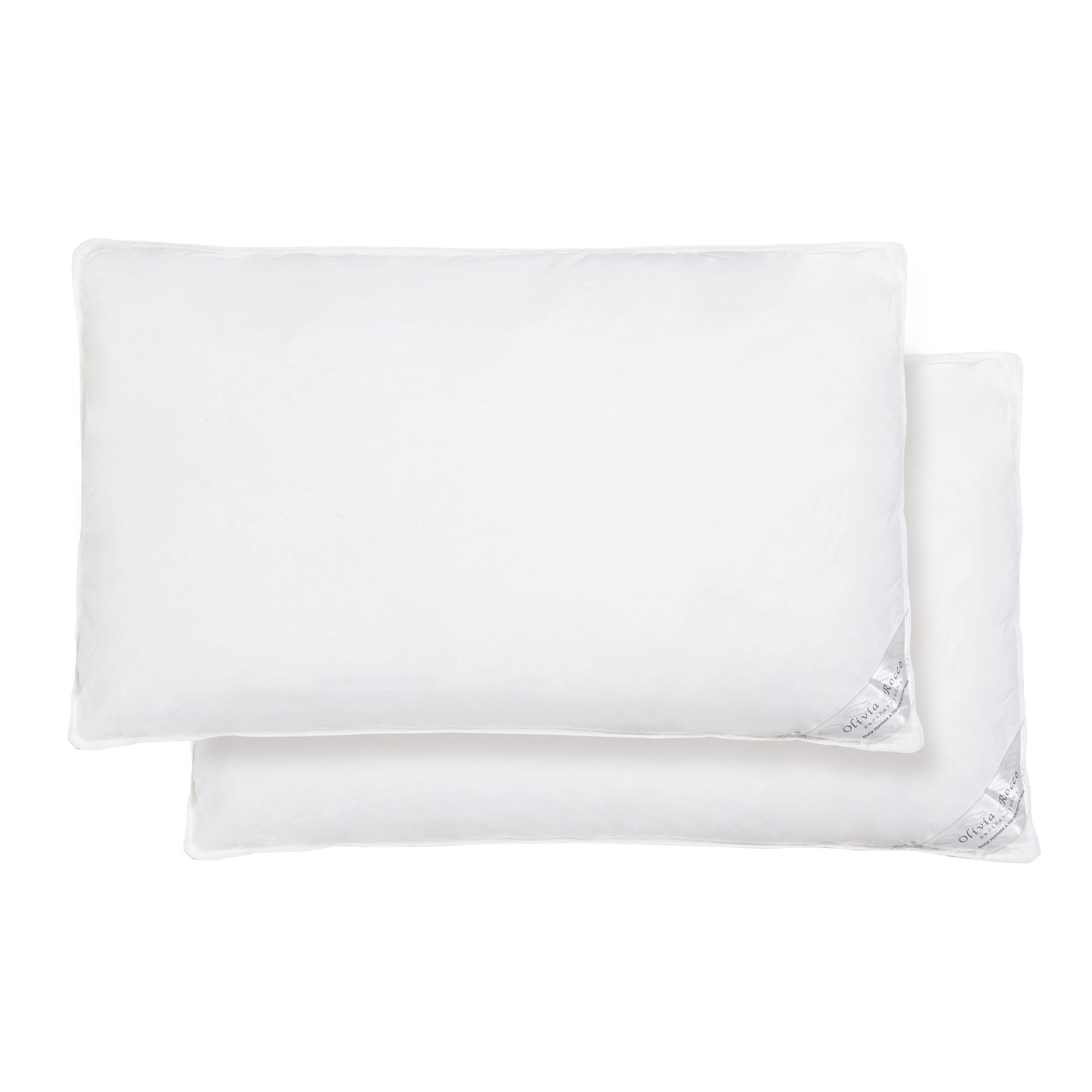 Luxury hypoallergenic duck feather and down pillow set by OLIVIA ROCCO, showcasing elegant white fabric and plush comfort, perfect for a restful night's sleep.