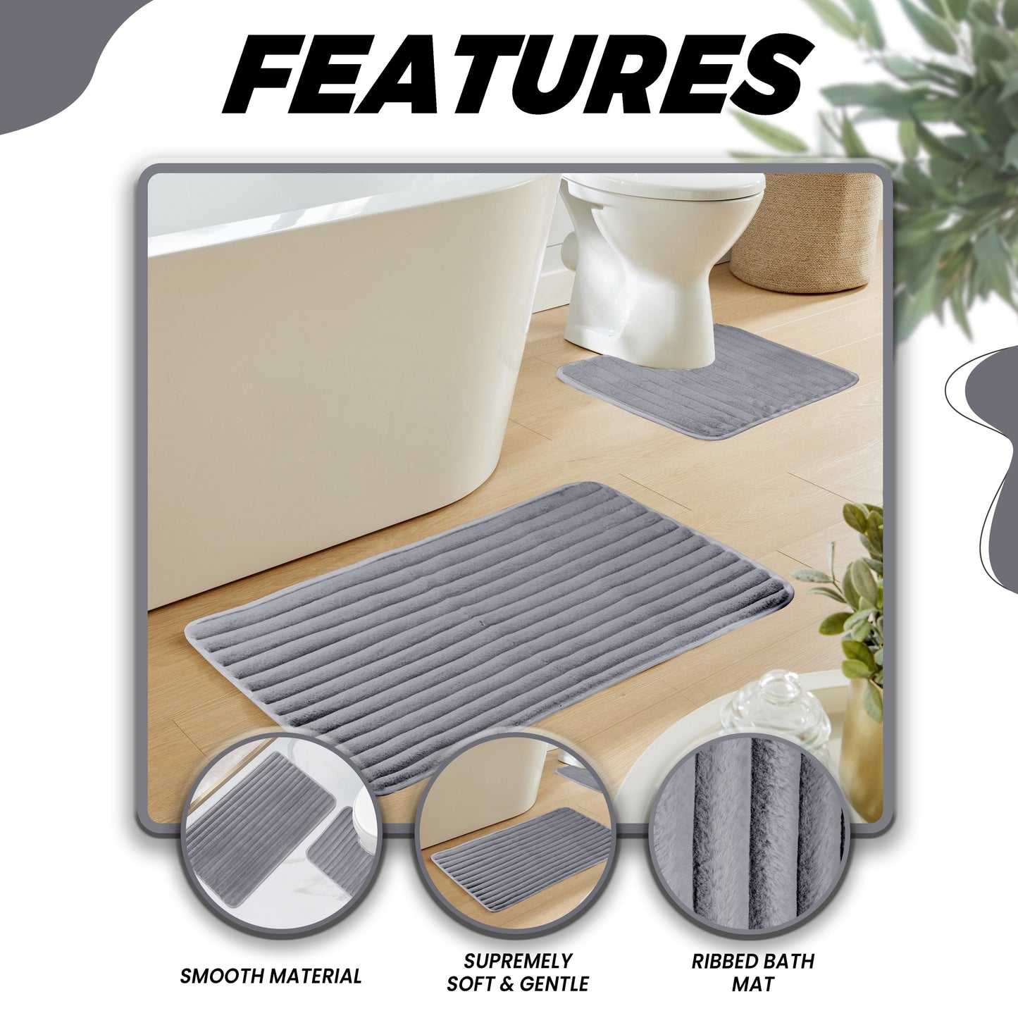 Stylish arrangement of the 2 Piece Ribbed Bath Mat Set, demonstrating its quick-dry features and superior absorbency in a contemporary bathroom setting.