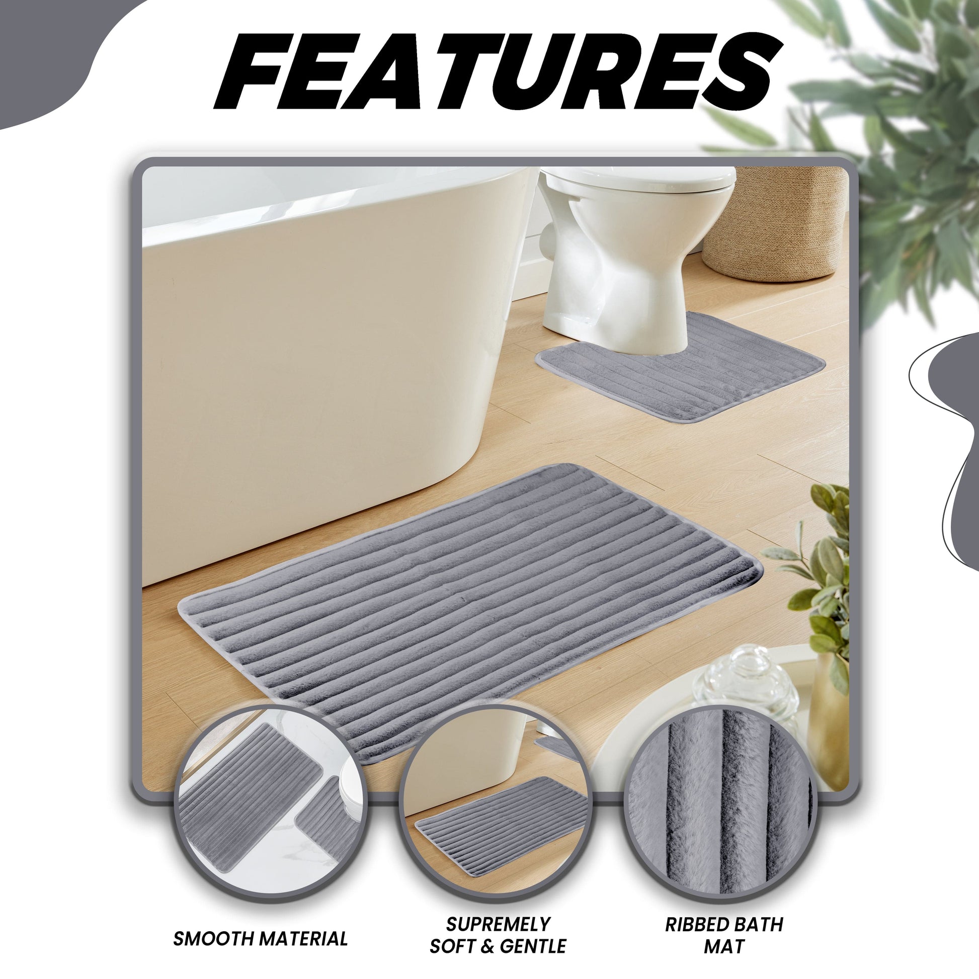 Stylish arrangement of the 2 Piece Ribbed Bath Mat Set, demonstrating its quick-dry features and superior absorbency in a contemporary bathroom setting.