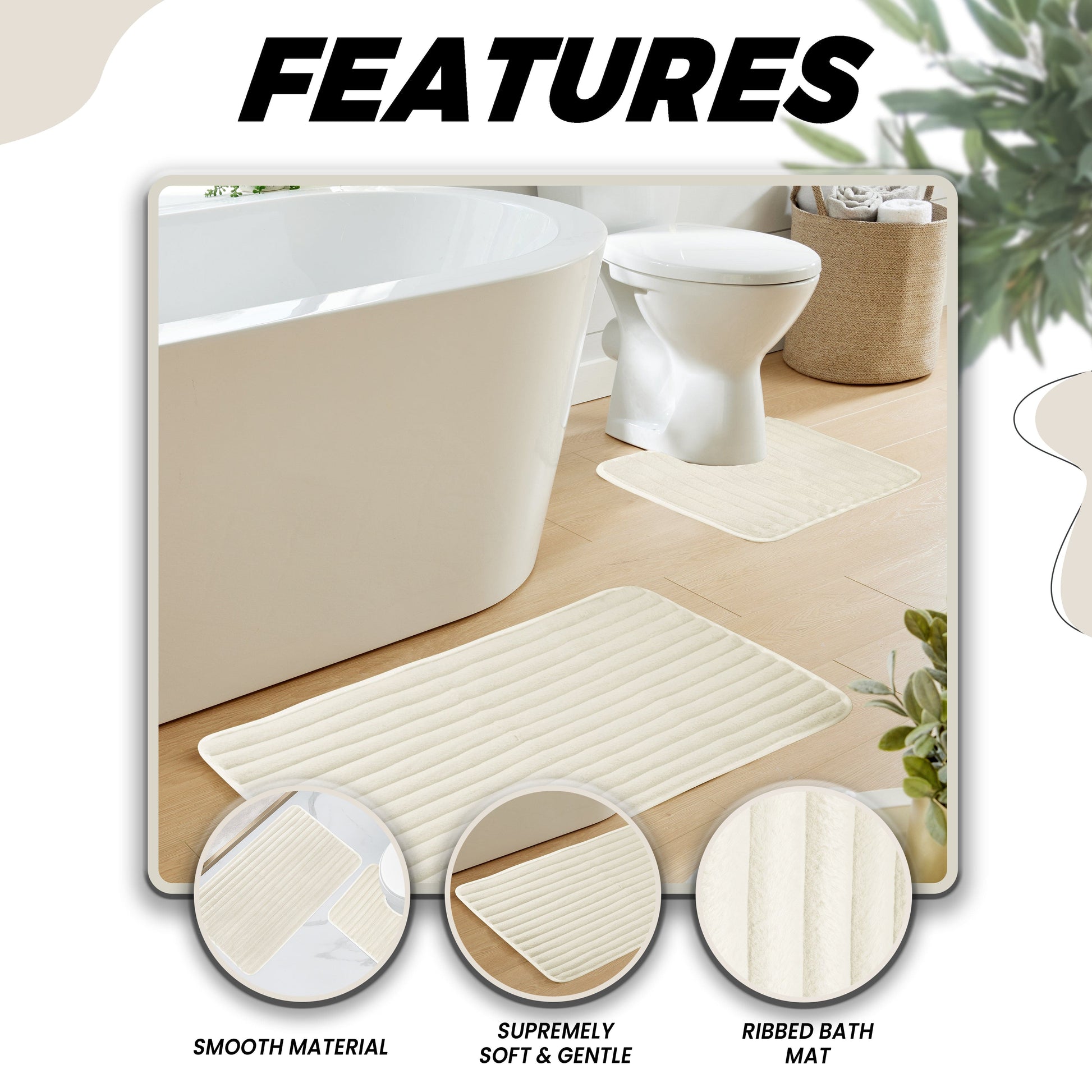 Soft and plush bathroom rug set in cream, offering a sophisticated touch to any bathroom while ensuring hygienic and safe flooring.