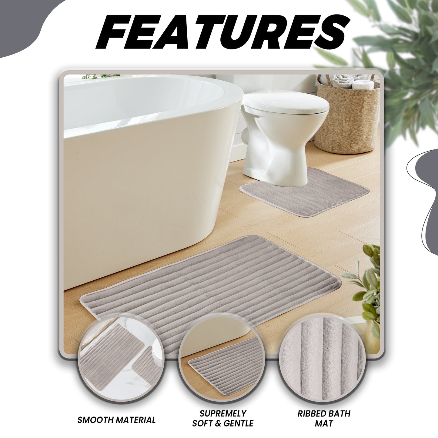 Luxurious 2 Piece Natural Soft Ribbed Bath Mat Set by OLIVIA ROCCO, featuring plush, absorbent fabric and elegant ribbed design for a sophisticated bathroom decor.