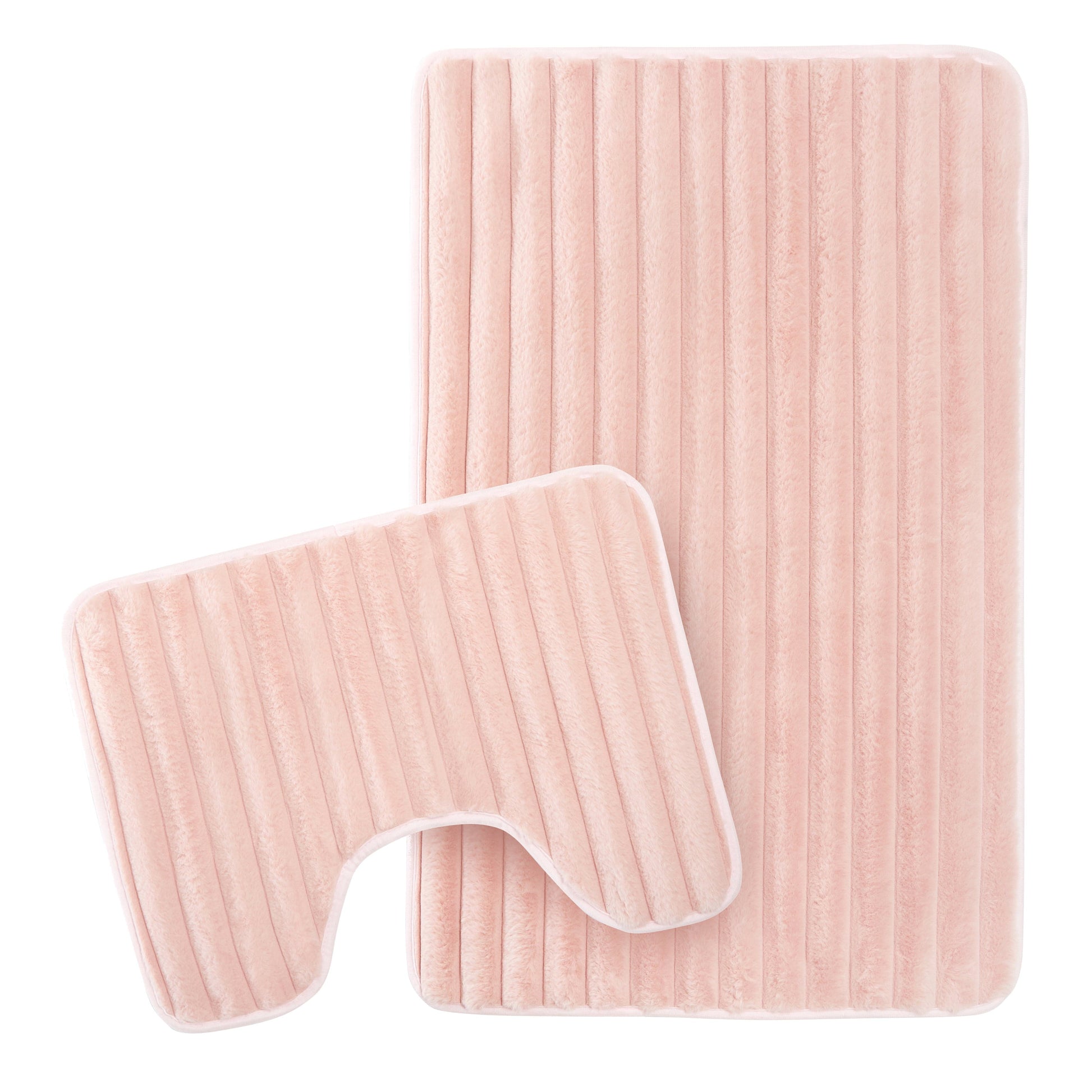 Luxurious 2 Piece Ribbed Bath Mat Set in chic pink, showcasing ultra-soft plush texture and elegant ribbed design, perfect for enhancing bathroom decor with style and comfort.
