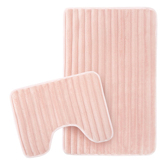 Luxurious 2 Piece Ribbed Bath Mat Set in chic pink, showcasing ultra-soft plush texture and elegant ribbed design, perfect for enhancing bathroom decor with style and comfort.