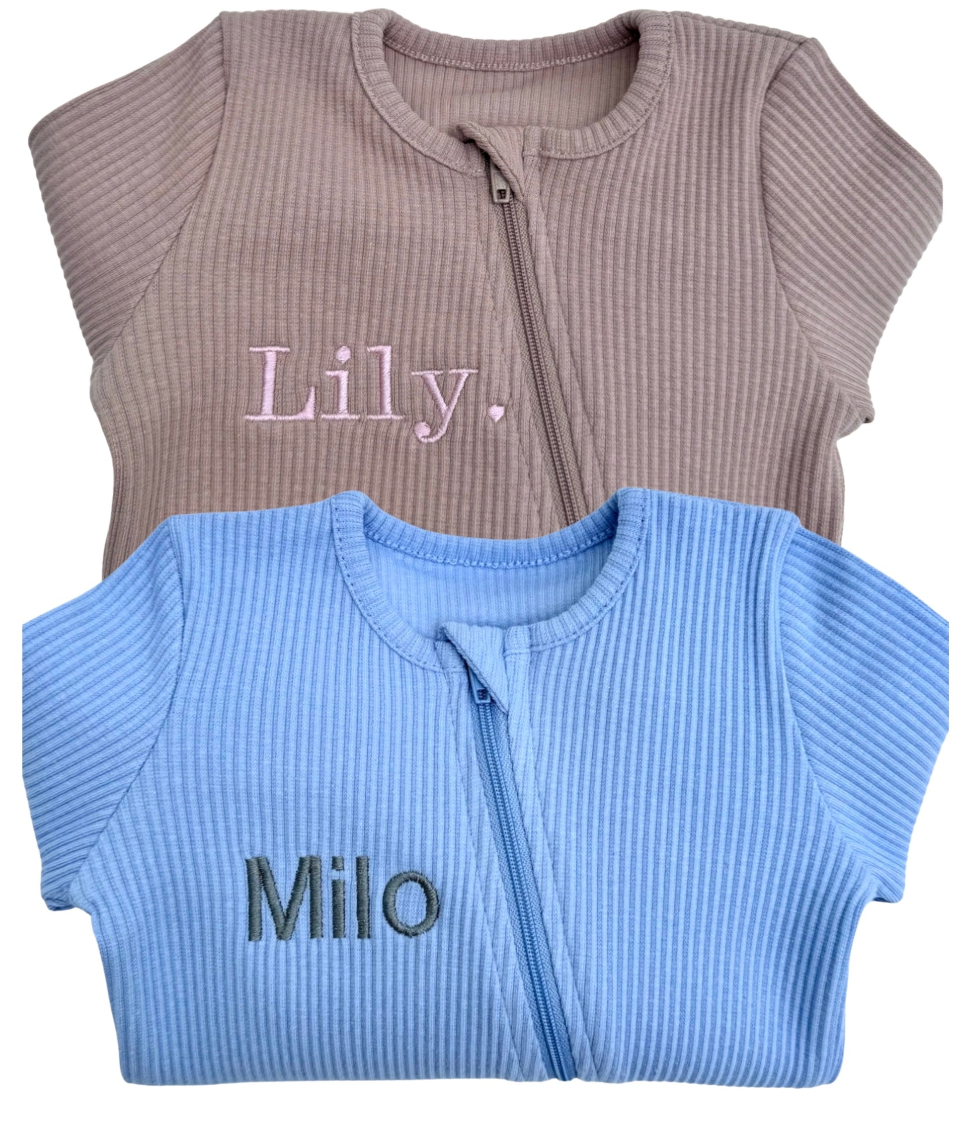 Luxurious Powder Blue Zip Sleepsuit for Babies by DreamBuy, crafted from soft ribbed cotton, suitable for ages 0-36 months, offering sublime comfort and elegant style.