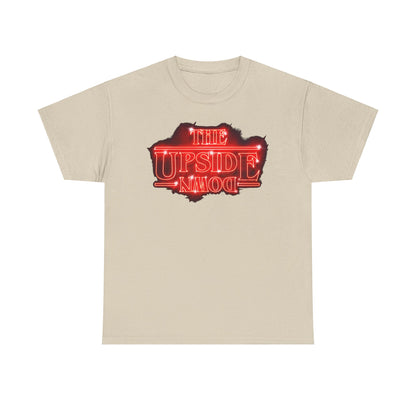 Stylish unisex tee showcasing the iconic 'THE UPSIDE DOWN' design in vivid neon-red, perfect for trendsetters and lovers of vintage aesthetics.