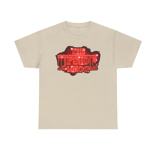 Stylish unisex tee showcasing the iconic 'THE UPSIDE DOWN' design in vivid neon-red, perfect for trendsetters and lovers of vintage aesthetics.