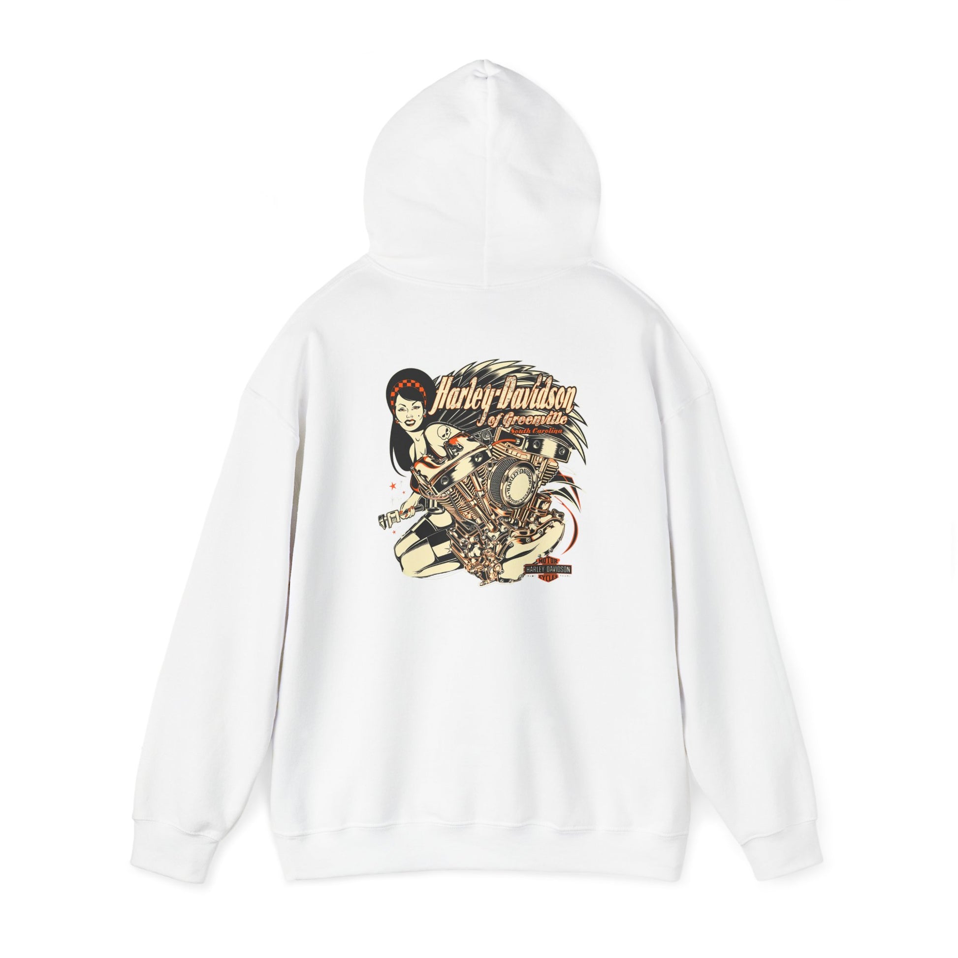 Elegant white hoodie featuring a striking Harley-Davidson graphic on the back, highlighting retro aesthetics and bold artistry.