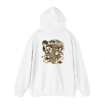 Elegant white hoodie featuring a striking Harley-Davidson graphic on the back, highlighting retro aesthetics and bold artistry.