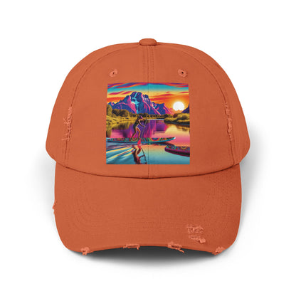 Unisex Distressed Paddleboarders Cap in a rich orange hue, showcasing an eye-catching paddleboarding graphic inspired by nature's beauty, ideal for stylish sun protection.