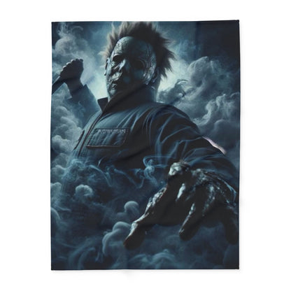 Halloween Spooky Jason Voorhees Arctic Fleece Blanket featuring a dramatic portrayal of Jason Voorhees engulfed in fog, ideal for a luxurious Halloween atmosphere.