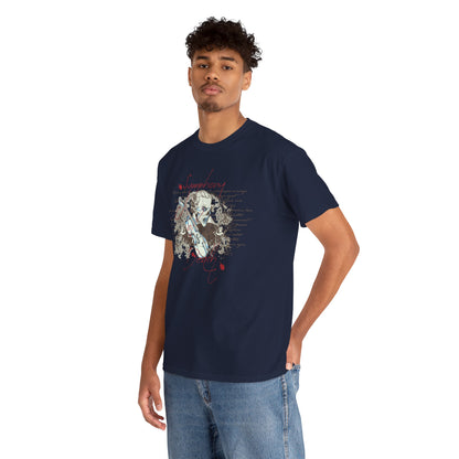 Stylishly modelled navy blue vintage Baroque skull t-shirt with violin floral scrolls, showcasing a striking gothic music design.
