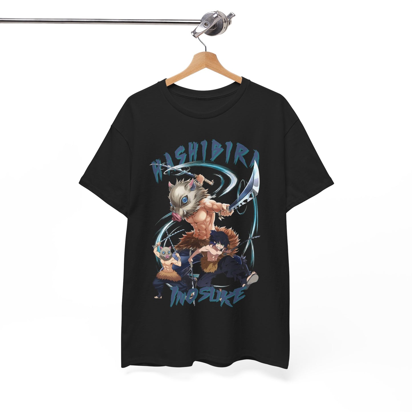 Elegantly displayed black t-shirt on a wooden hanger, adorned with a stunning anime graphic showcasing dynamic characters, ideal for stylish anime enthusiasts.