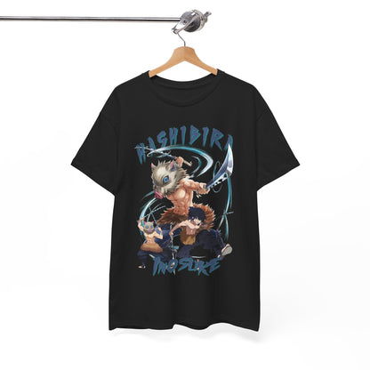 Elegantly displayed black t-shirt on a wooden hanger, adorned with a stunning anime graphic showcasing dynamic characters, ideal for stylish anime enthusiasts.