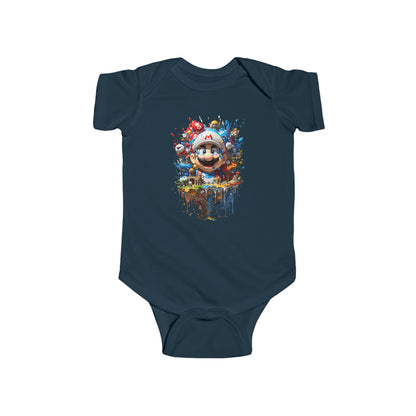 Unisex Baby Jersey Bodysuit with Computer Game Graphic, featuring a vibrant Mario graphic on a soft navy background, crafted from 100% combed cotton for ultimate comfort.