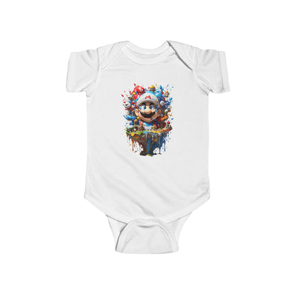 Unisex Baby Jersey Bodysuit with Computer Game Graphic, showcasing a delightful Mario print on a classic white background, made from 100% combed cotton for a luxurious feel.
