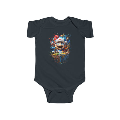 Unisex Baby Jersey Bodysuit with Computer Game Graphic, adorned with an enchanting Mario design on a chic navy fabric, offering supreme softness in 100% combed cotton.