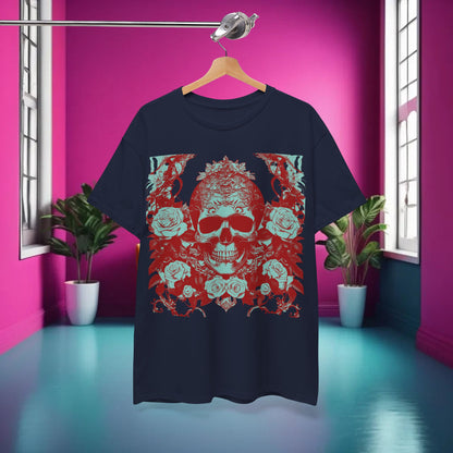 Skulls and Roses Cotton Tee displayed in a luxurious setting, featuring a striking steampunk design with intricate skulls and roses against a navy background.