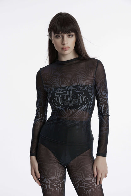 Punk Rave Eluana Cybergoth Print Mesh Long Sleeve Top featuring a stunning futuristic skull design in black, perfect for cyberpunk fashion enthusiasts.