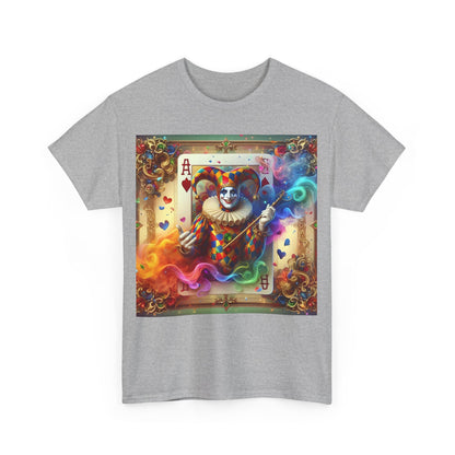 Harlequin Playing Card Graphic Tee front view, featuring a vibrant playing card graphic with a charismatic clown, perfect for a stylish statement.