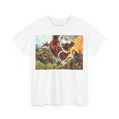 Front view of the refined Discworld Guards! Guards! Graphic Unisex T Shirt, adorned with a colourful fantasy-themed print that celebrates Terry Pratchett's work.