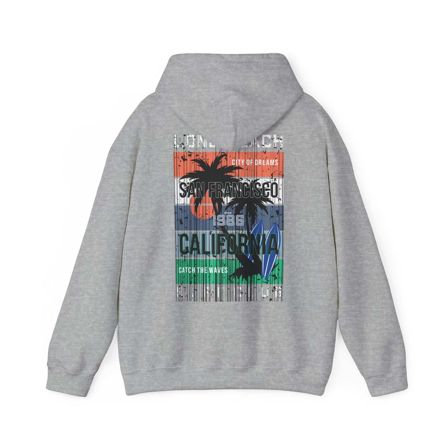 Sophisticated grey hoodie displaying a captivating San Francisco surf motif, including palm trees and bold lettering, ideal for adding a touch of coastal luxury to your wardrobe.