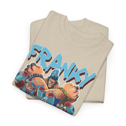 Folded luxurious beige t-shirt showcasing vibrant Franky graphic, perfectly styled for fashion-conscious anime lovers.