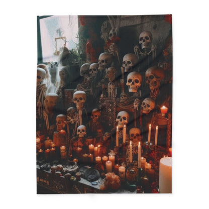 Decorative and Warm Halloween Spooky Arctic Fleece Blanket featuring a rich display of skeletons and candles, perfect for adding a luxurious touch to your Halloween decor.