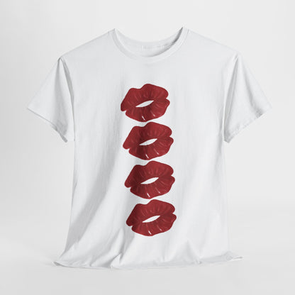 Luxurious unisex graphic t-shirt featuring a stylish vertical arrangement of vibrant crimson lips on a pristine white background, perfect for expressing romance and individuality.