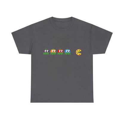 Experience playful elegance in the Teenage Mutant Ninja Turtles Pizza Pacman Graphic Unisex Tee Shirt in dark grey, adorned with retro gaming graphics of Pac-Man.