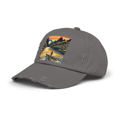 Grey Unisex Distressed Paddleboarders Cap featuring stunning fantasy artwork, elegantly designed for those who love paddleboarding and luxury lifestyle.
