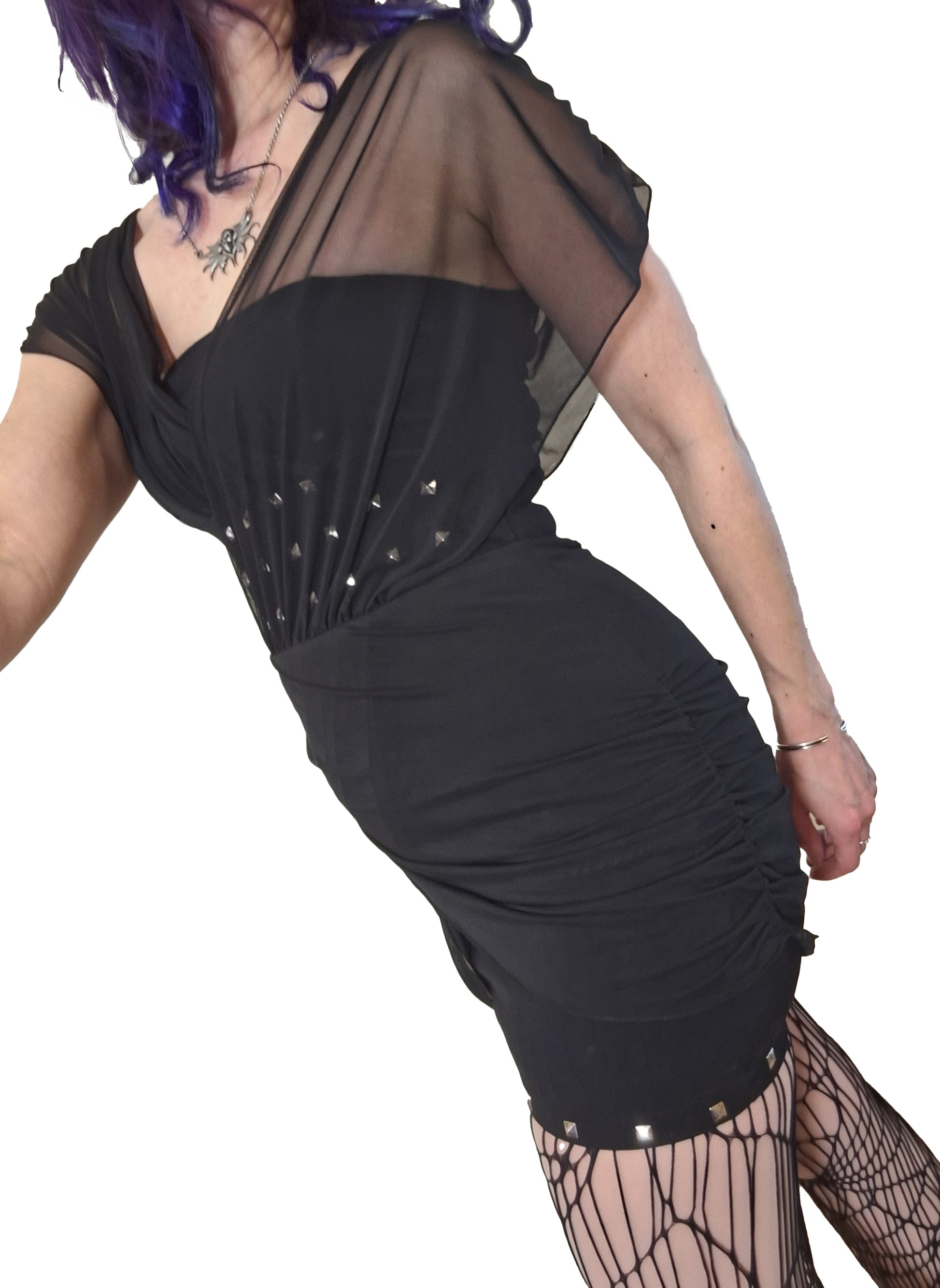Necessary Evil Venus Wrapped Mesh Mini Dress showcasing a gothic-inspired design with enchanting mesh detailing, ideal for dark fashion enthusiasts and bold style statements.