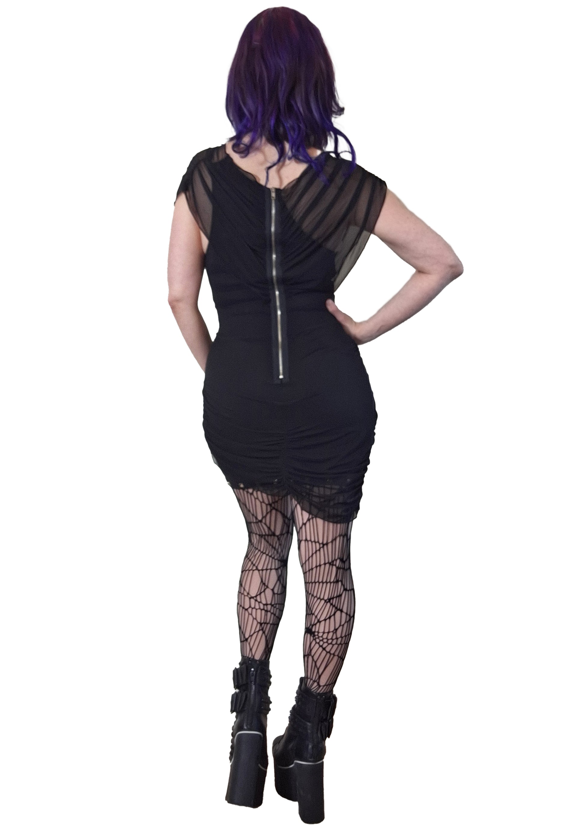 Gothic mini dress showcasing the Necessary Evil Venus Wrapped Mesh with studded details, designed for a bold and elegant dark fashion statement.