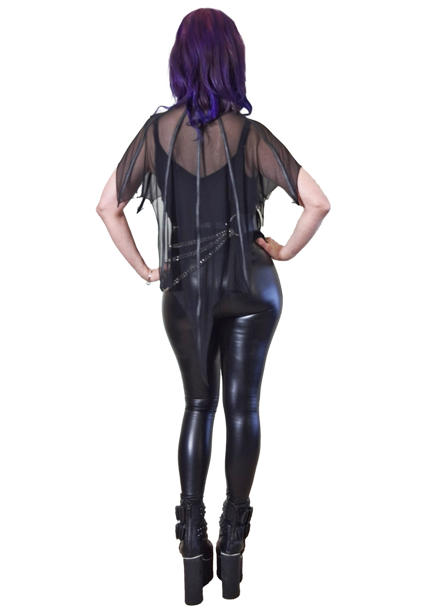 Luxury Necessary Evil Leutogi Black Mesh Bat Wing Cape Top featuring faux leather binding, showcasing unique elegance and playful keyhole design.