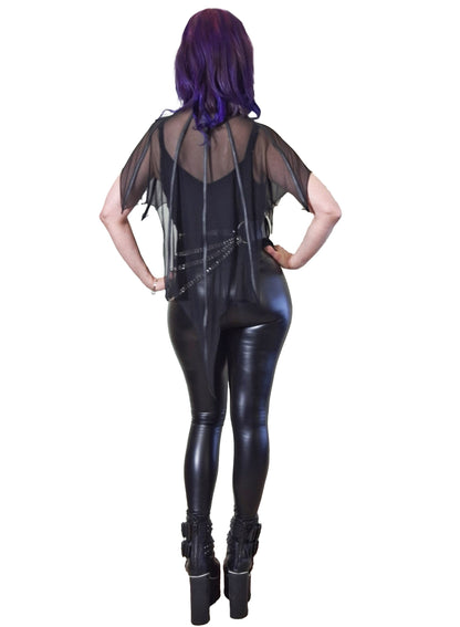 Luxury Necessary Evil Leutogi Black Mesh Bat Wing Cape Top featuring faux leather binding, showcasing unique elegance and playful keyhole design.