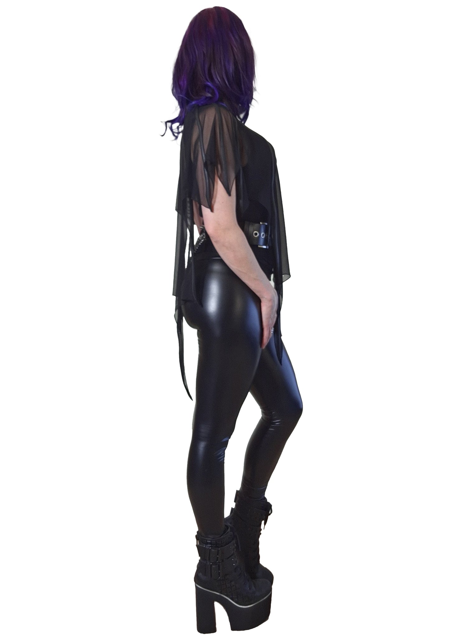 Sophisticated styling of the Necessary Evil Leutogi Black Mesh Bat Wing Cape Top, epitomising a unique and fashionable aesthetic.