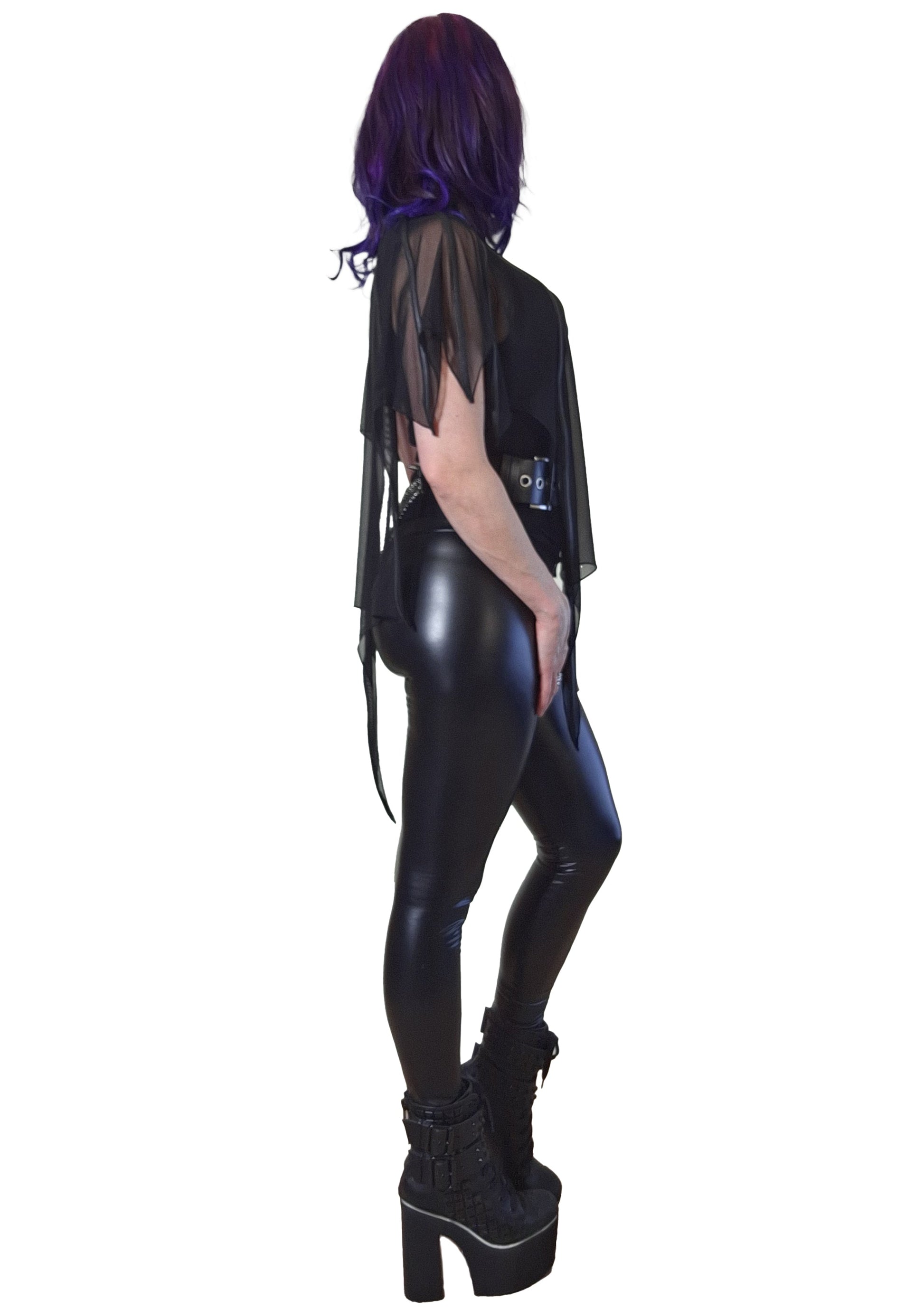 Sophisticated styling of the Necessary Evil Leutogi Black Mesh Bat Wing Cape Top, epitomising a unique and fashionable aesthetic.