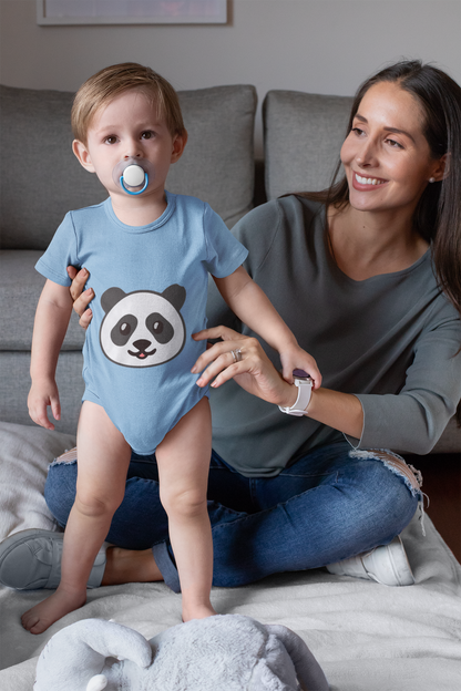 Charming Panda Face Bodysuit for infants, featuring a playful panda design. An adorable baby romper suit in light blue, ideal for stylish outings and comfort at home, while a mother gently assists her child.