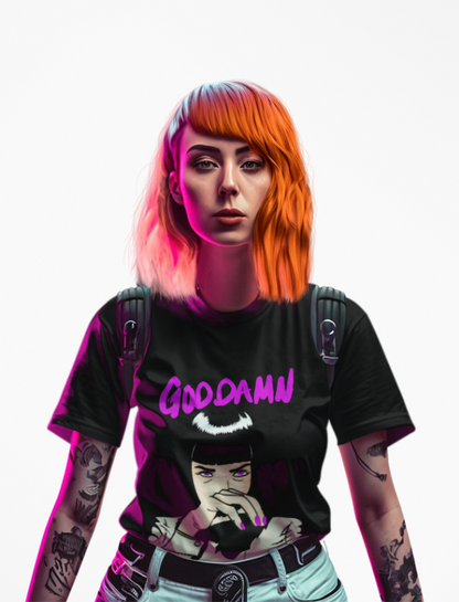 A stylish model showcasing a graphic T-shirt featuring the phrase 'GOOD DAMN' in vibrant purple, inspired by the character Mia Wallace from Pulp Fiction. The design captures a blend of pop culture and urban fashion, complemented by the model's artistic tattoos and trendy orange hair.