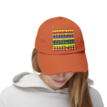 Model wearing the Unisex Distressed Paddleboarders Cap in orange, highlighting the trendy paddleboarding graphic, a perfect accessory for adventure enthusiasts.