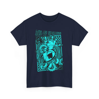 Front view of a striking navy men's t-shirt featuring a bold graphic design, 'Ace of Spades', complemented by intricate patterns, ideal for style-conscious individuals.