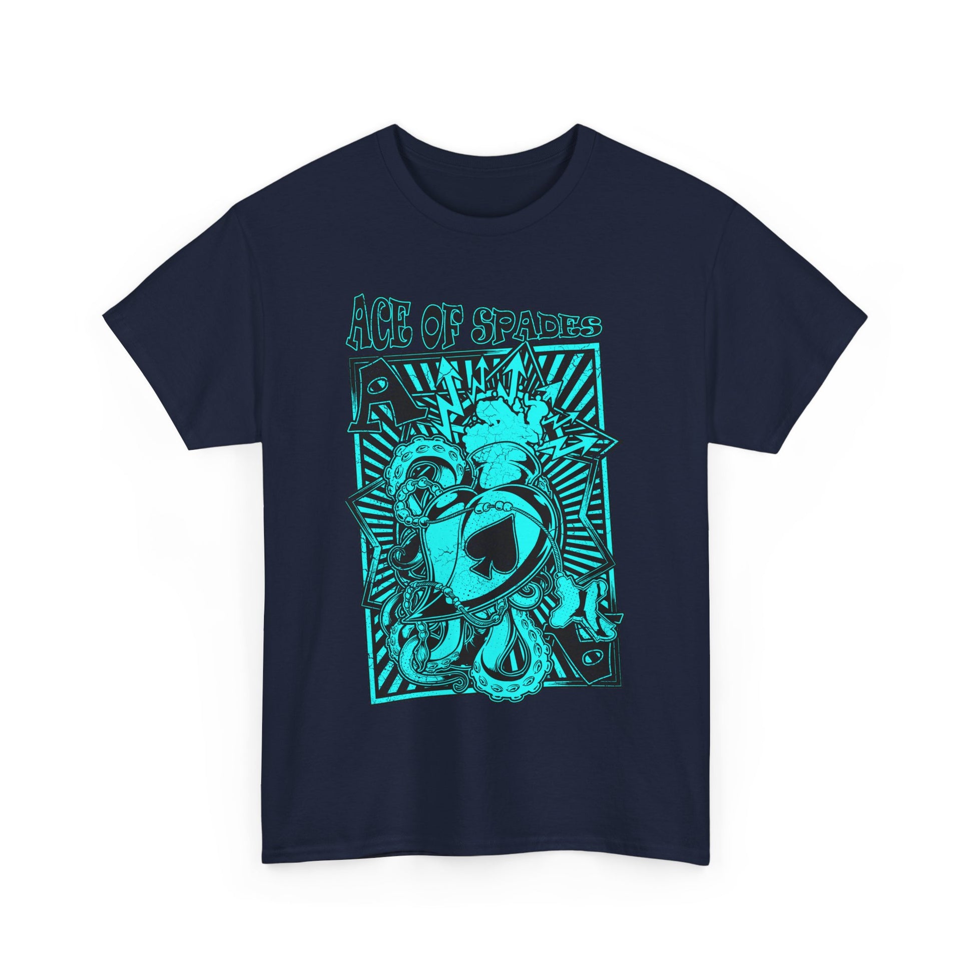 ACE OF SPADES Men's T-Shirt featuring striking graphic design in vibrant turquoise against a deep navy background, exuding a distressed vintage style, perfect for rock music enthusiasts.