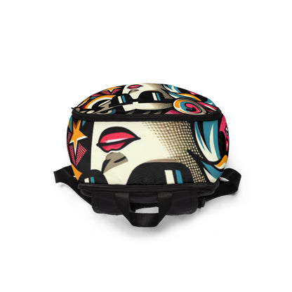 Top view of the Fusion Transcendence Cartoon-Inspired Abstract Backpack, elegantly designed with a blend of pop-art elements and sophisticated details.