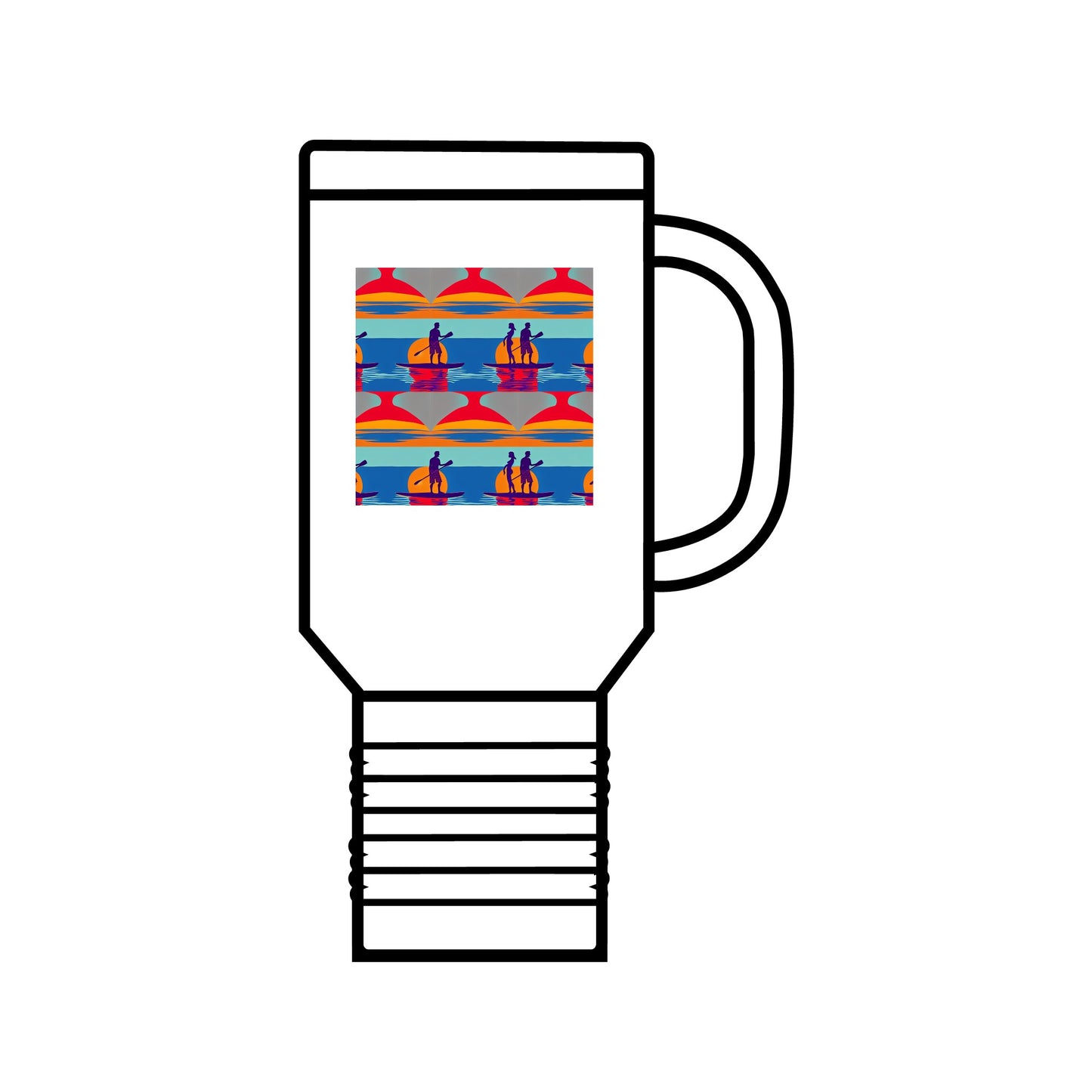 Fantasy Paddleboarding 40oz Insulated Travel Mug featuring a vibrant design of paddleboarders against a sunset backdrop, embodying luxury and adventure.